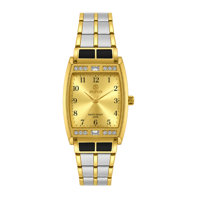 SEIFCO Classic Women’s Stainless Steel Quartz Watch with Gold Dial and Silver Gold Bracelet