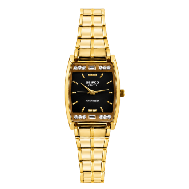 SEIFCO Classic Women’s Stainless Steel Watch with Black Dial and Gold Bracelet