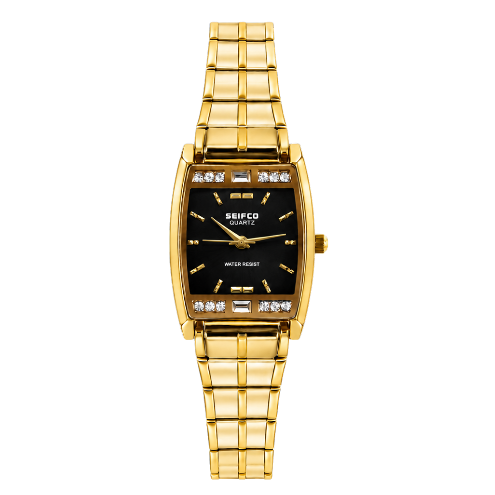 SEIFCO Classic Women’s Stainless Steel Watch with Black Dial and Gold Bracelet