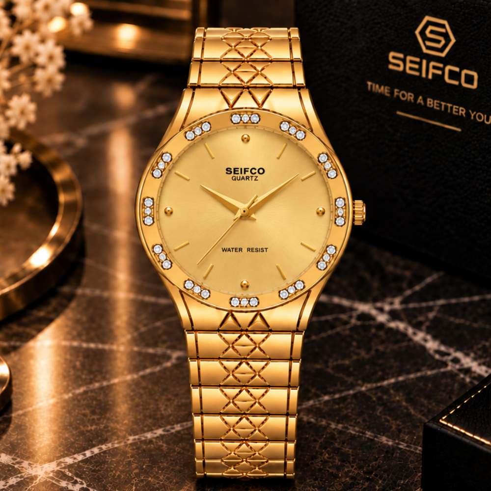 SEIFCO Classic Unisex Stainless Steel Watch with Gold Dial and Gold Bracelet - Image 2