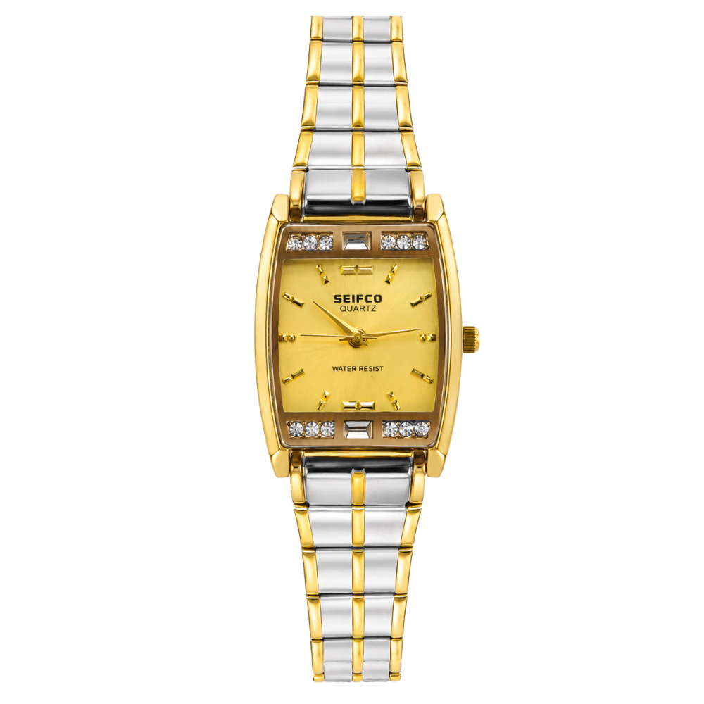 SEIFCO Classic Women’s Stainless Steel Quartz Watch with Gold Dial and Silver Gold Bracelet