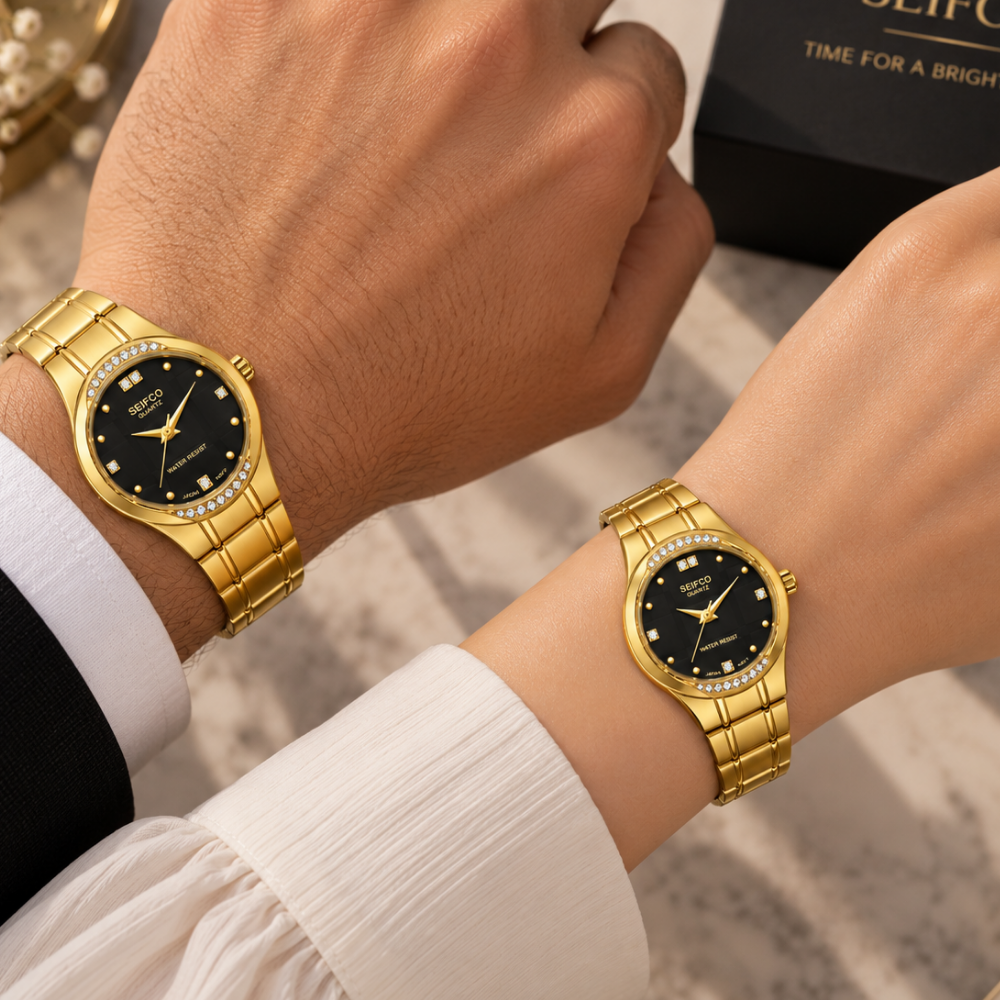 SEIFCO Classic Unisex Stainless Steel Watch with Black Dial and Gold Bracelet - Image 2