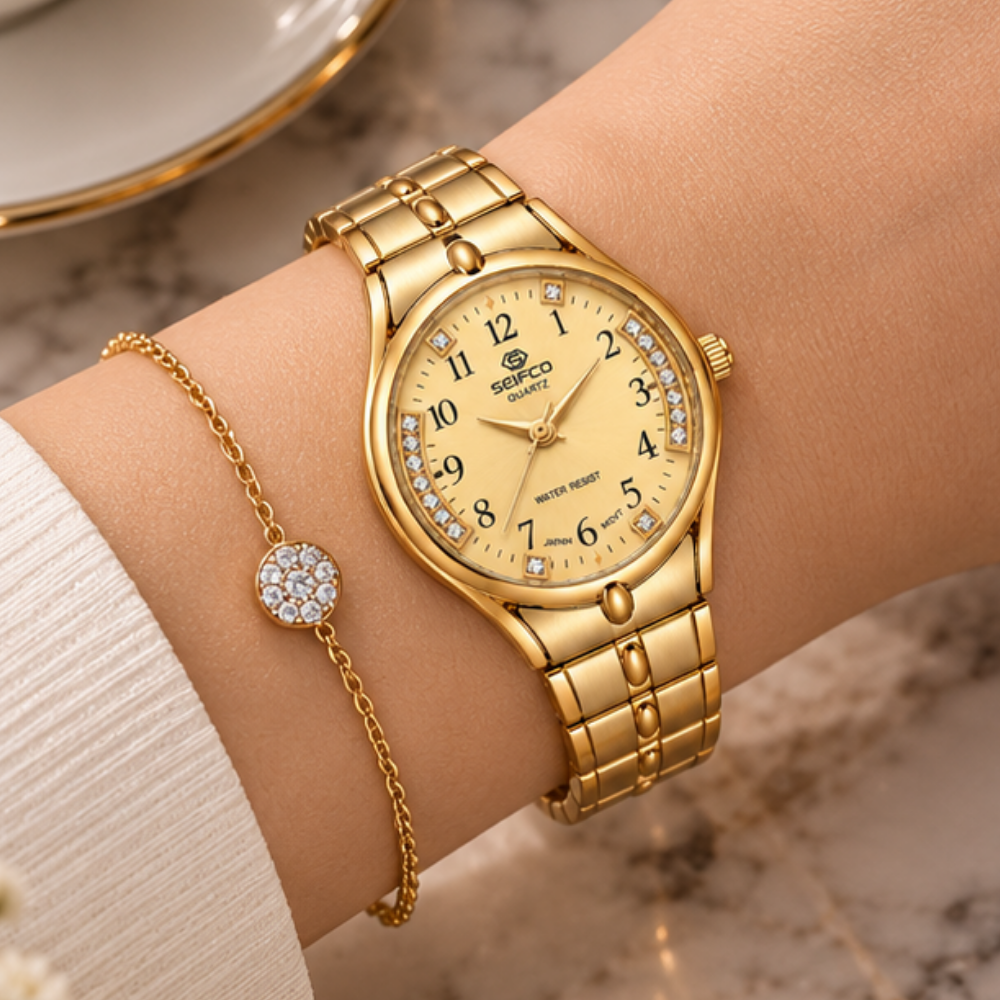 SEIFCO Classic Women’s Stainless Steel Quartz Watch with Gold Dial and Gold Bracelet - الصورة 2