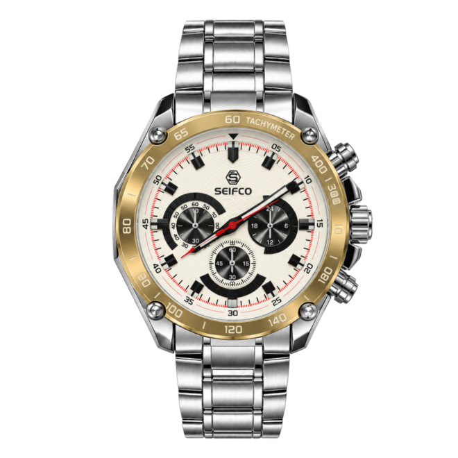 Men’s Stainless Steel Watch with White Dial and Silver Bracelet