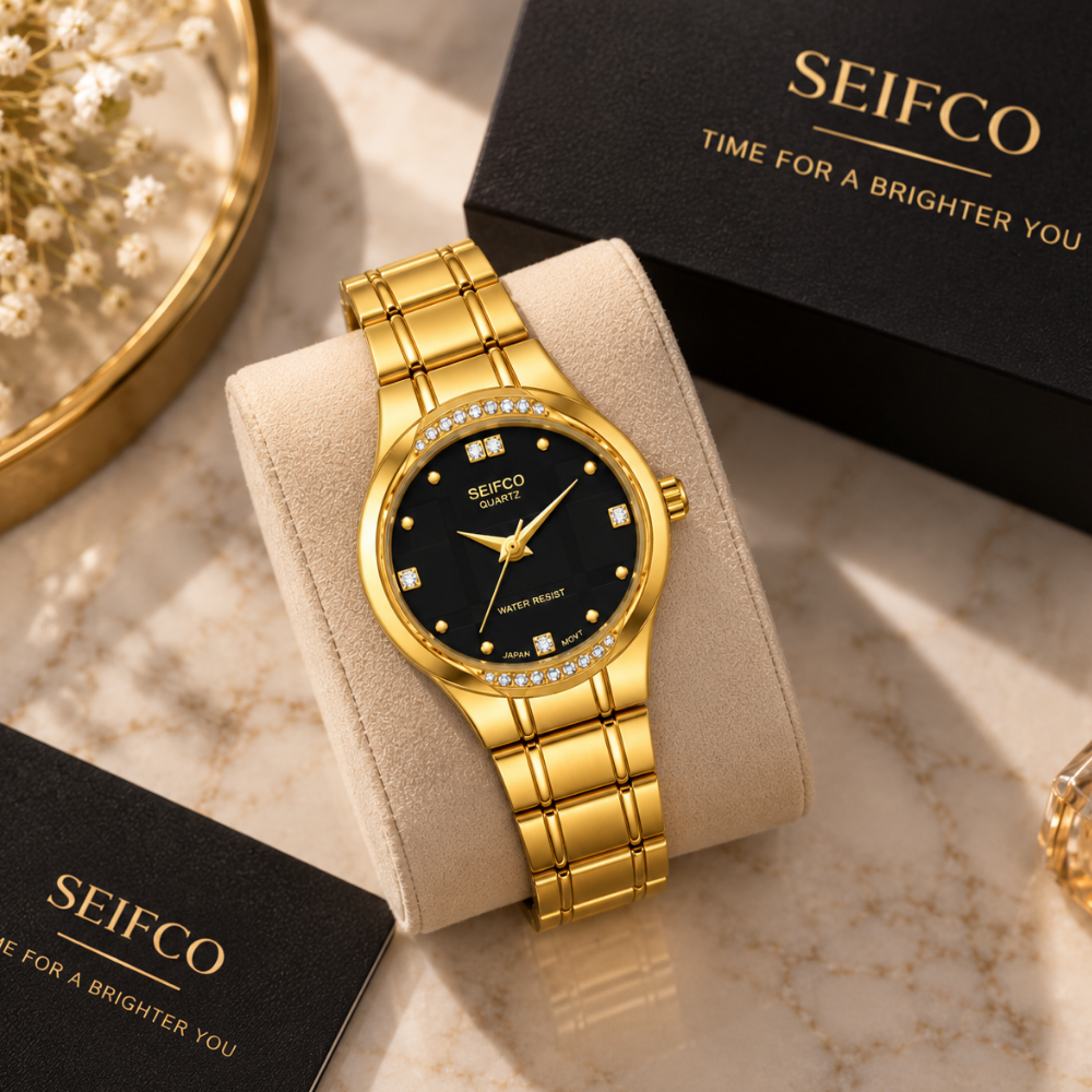 SEIFCO Classic Unisex Stainless Steel Watch with Black Dial and Gold Bracelet - Image 3