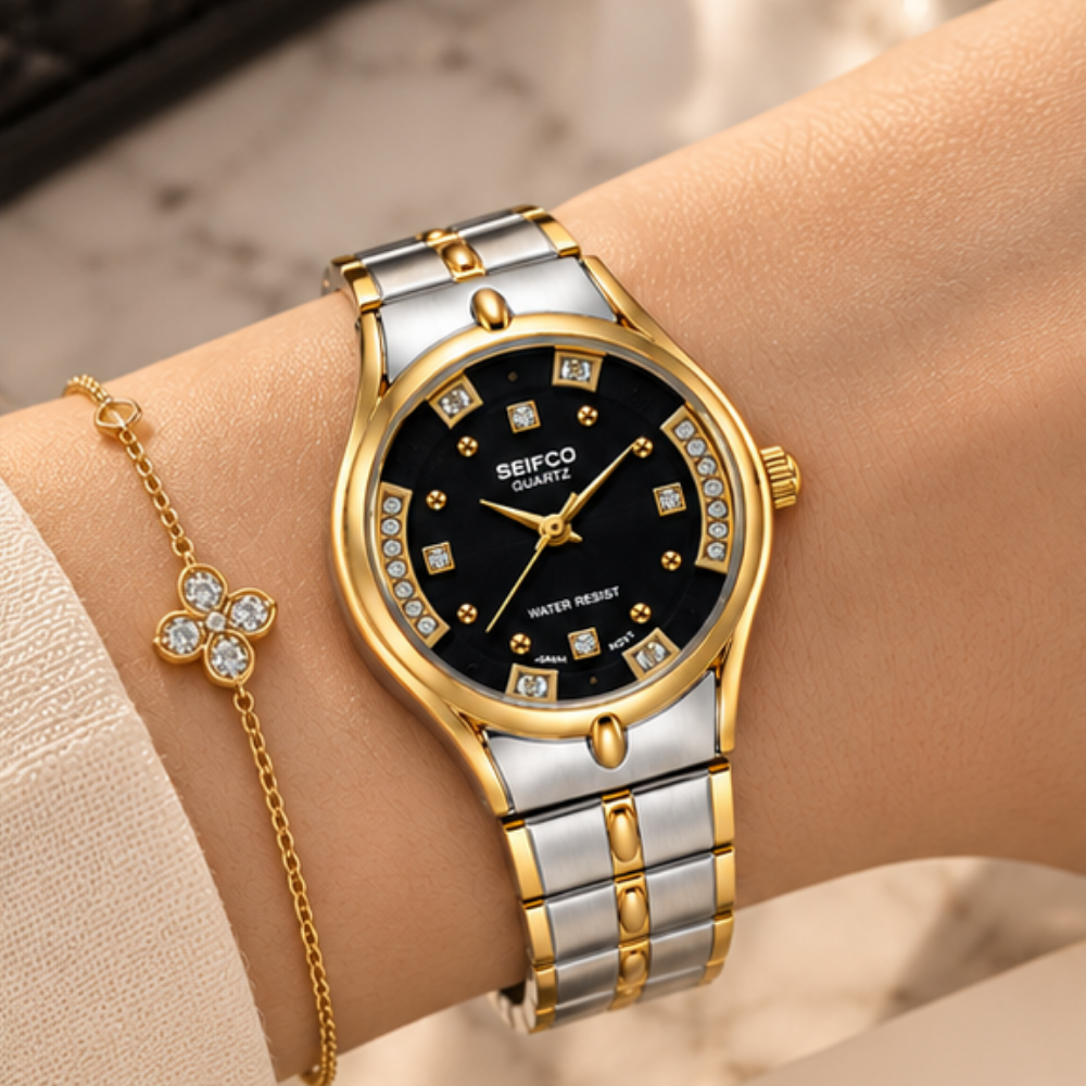 SEIFCO Classic Women’s Stainless Steel Quartz Watch with Black Dial and Silver Gold Bracelet - Image 3