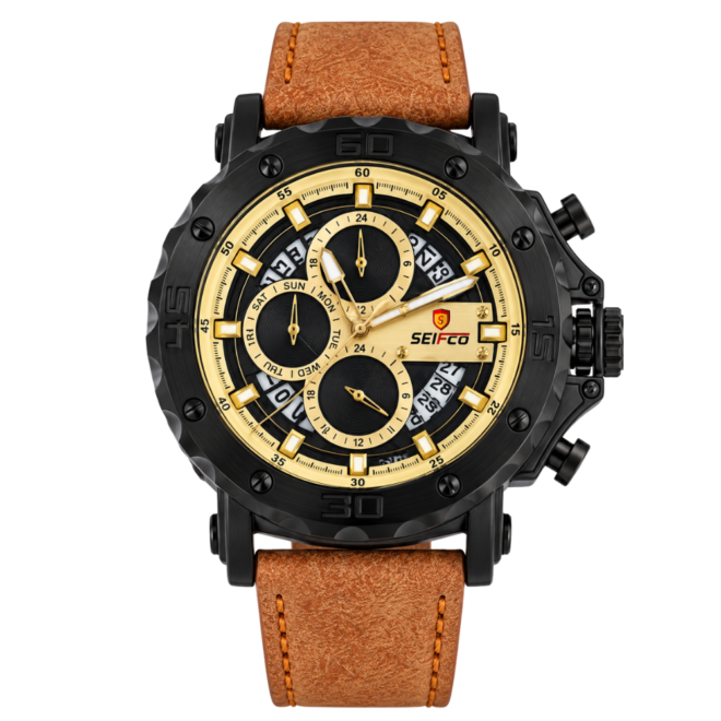 SEIFCO Sport Men’s Quartz Watch with Gold Multi-Dial and Brown Leather Strap