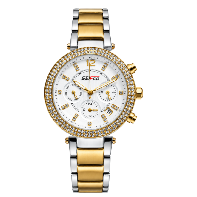 SEIFCO Classic Women’s Stainless Steel Quartz Watch with White Dial and Silver Gold Bracelet