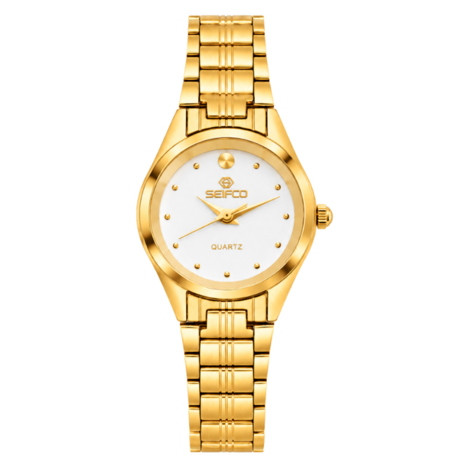 SEIFCO Classic Women’s Stainless Steel Quartz Watch with White Dial and Gold Bracelet