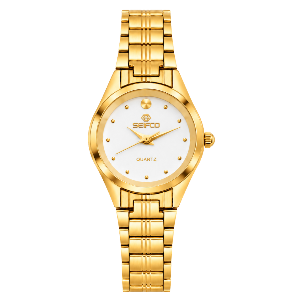 SEIFCO Classic Women’s Stainless Steel Quartz Watch with White Dial and Gold Bracelet