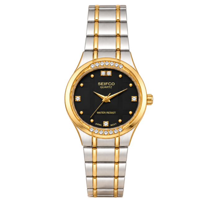 SEIFCO Classic Unisex Stainless Steel Quartz Watch with Black Dial and Silver Gold Bracelet