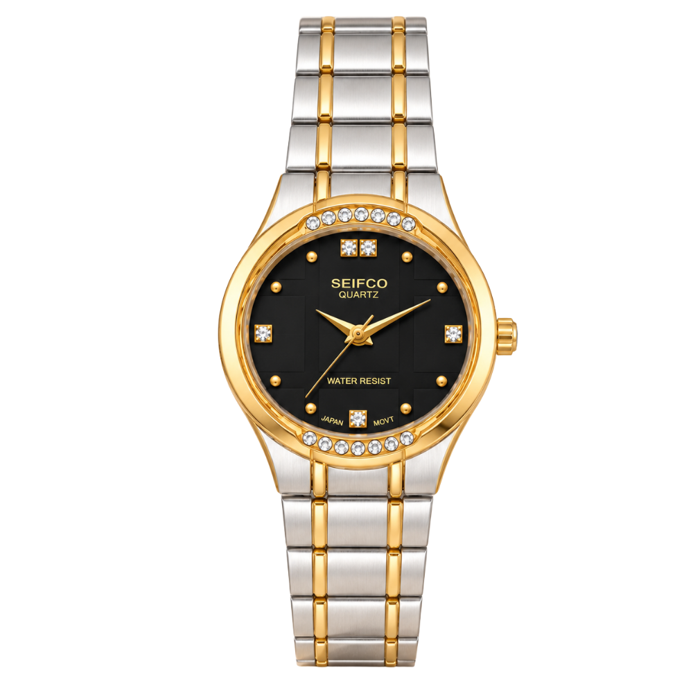 SEIFCO Classic Unisex Stainless Steel Quartz Watch with Black Dial and Silver Gold Bracelet