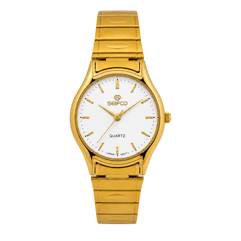 SEIFCO Classic Unisex Stainless Steel Quartz Watch with White Dial and Gold Bracelet