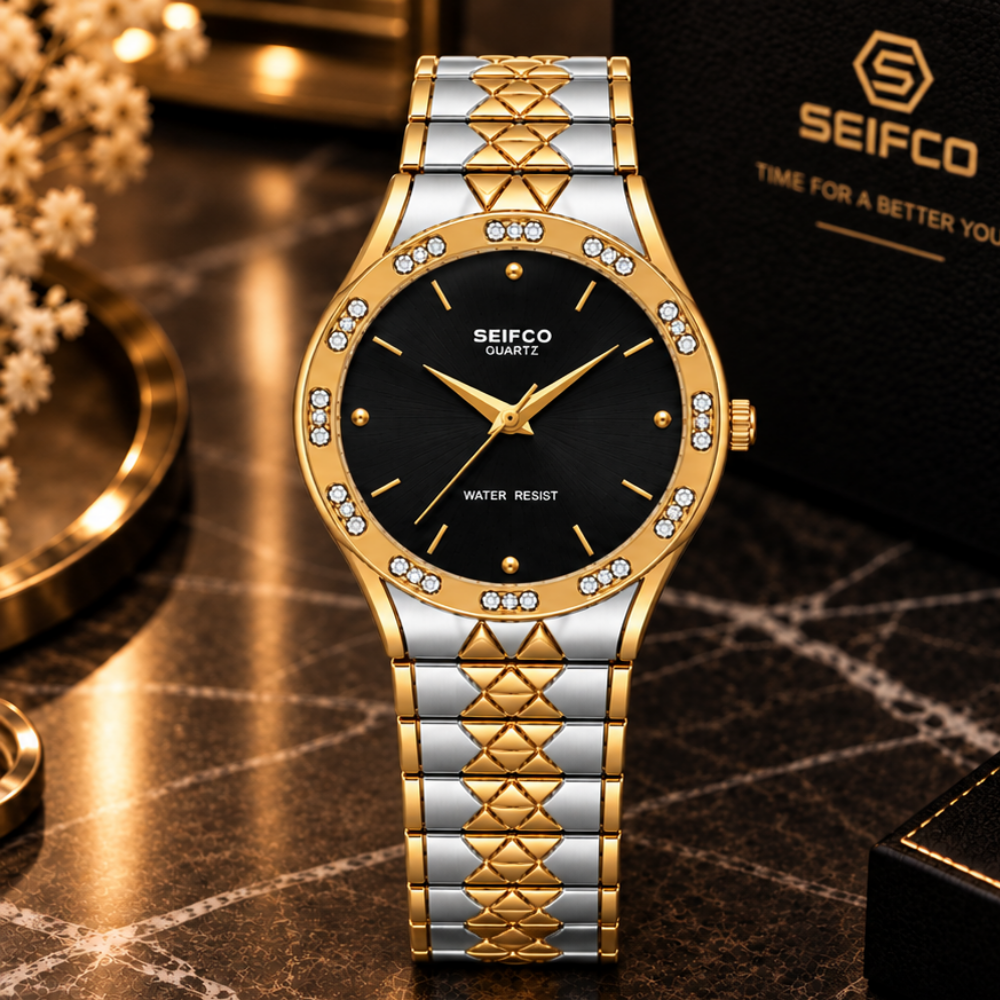 SEIFCO Classic Unisex Stainless Steel Watch with Black Dial and Silver Gold Bracelet - الصورة 3