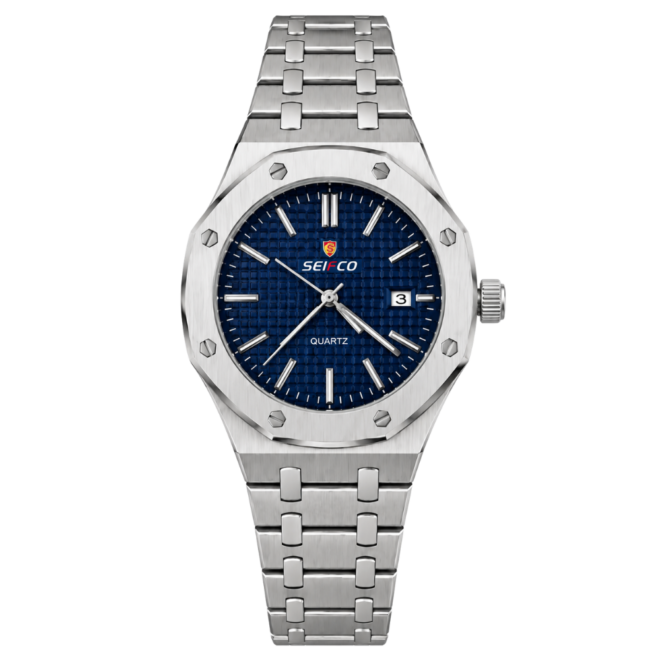 SEIFCO Sport Men’s Stainless Steel Quartz Watch with Textured Blue Dial and Silver Bracelet