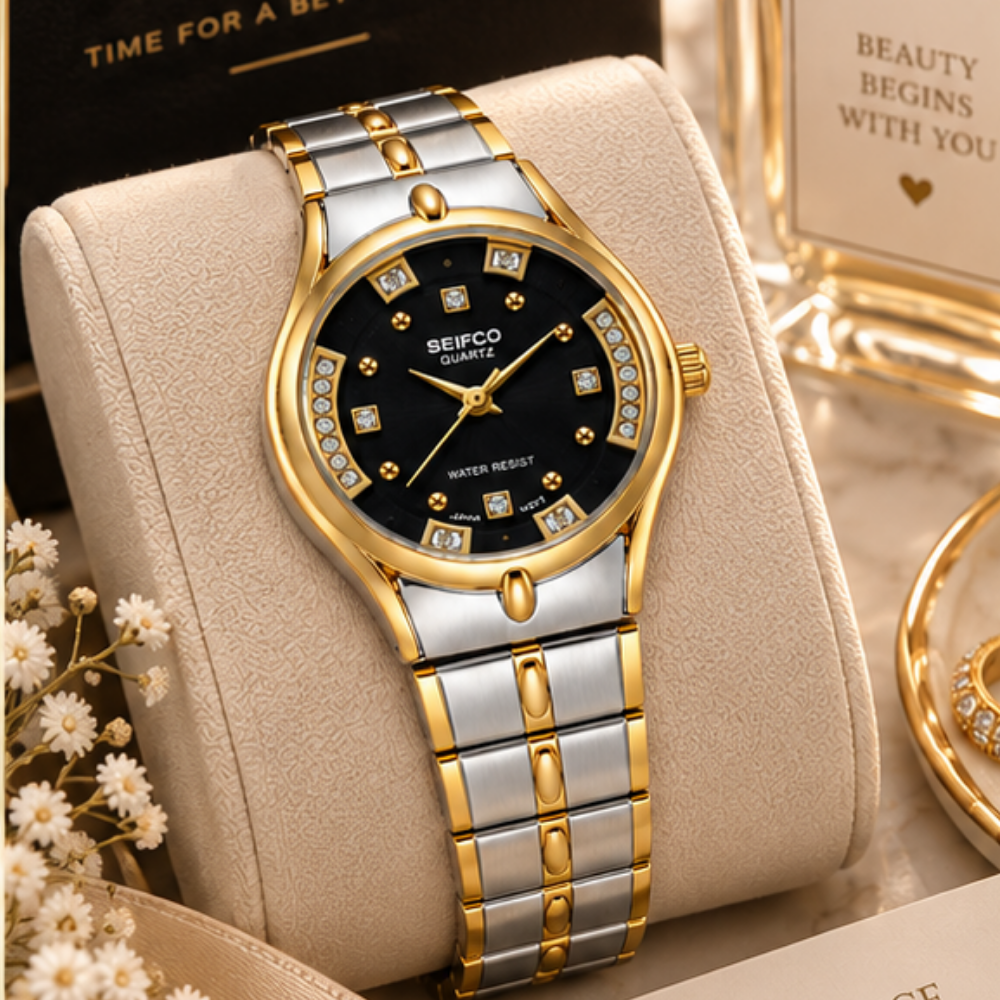 SEIFCO Classic Women’s Stainless Steel Quartz Watch with Black Dial and Silver Gold Bracelet - Image 2