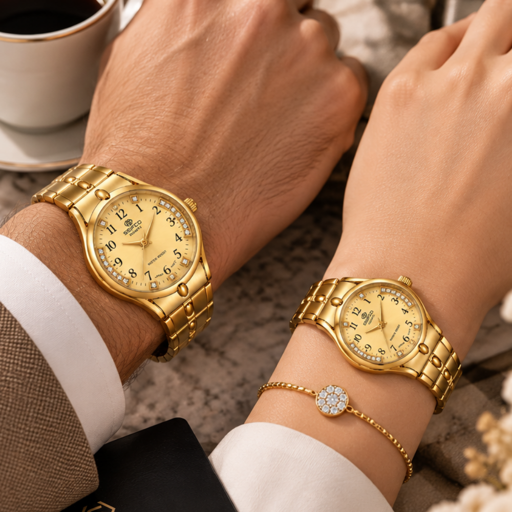 SEIFCO Classic Unisex Stainless Steel Quartz Watch with Gold Dial and Gold Bracelet - Image 3