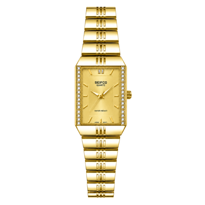SEIFCO Classic Women’s Stainless Steel Quartz Watch with Gold Dial and Gold Bracelet