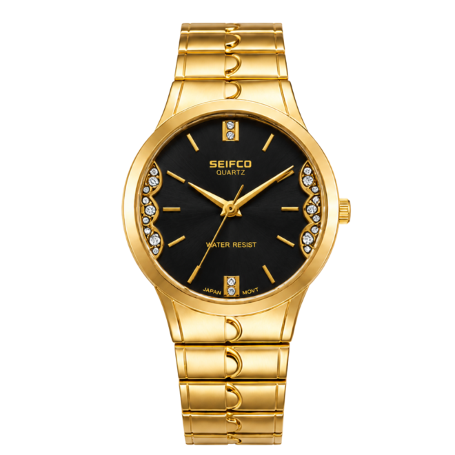 SEIFCO Classic Women’s Stainless Steel Quartz Watch with Black Dial and Gold Bracelet