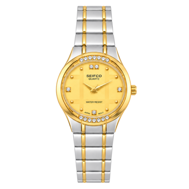 SEIFCO Classic Women’s Stainless Steel Quartz Watch with Gold Dial and Silver Gold Bracelet