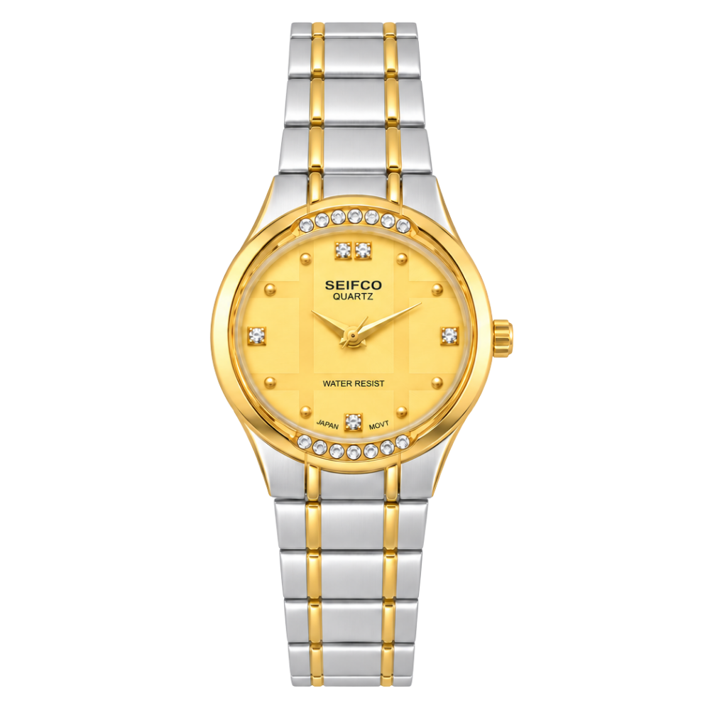 SEIFCO Classic Women’s Stainless Steel Quartz Watch with Gold Dial and Silver Gold Bracelet