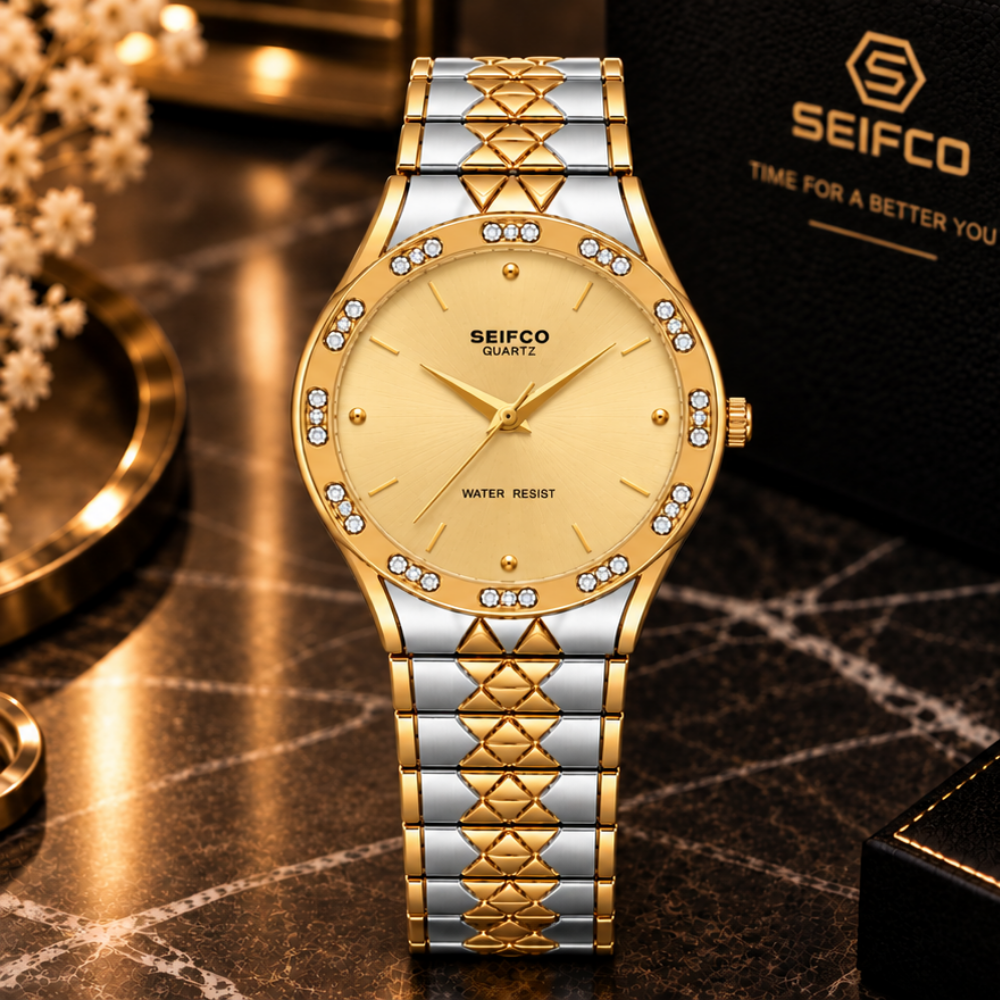 SEIFCO Classic Unisex Stainless Steel Watch with Gold Dial and Silver Gold Bracelet - Image 3