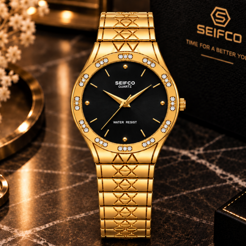 SEIFCO Classic Unisex Stainless Steel Watch with Black Dial and Gold Bracelet - Image 3