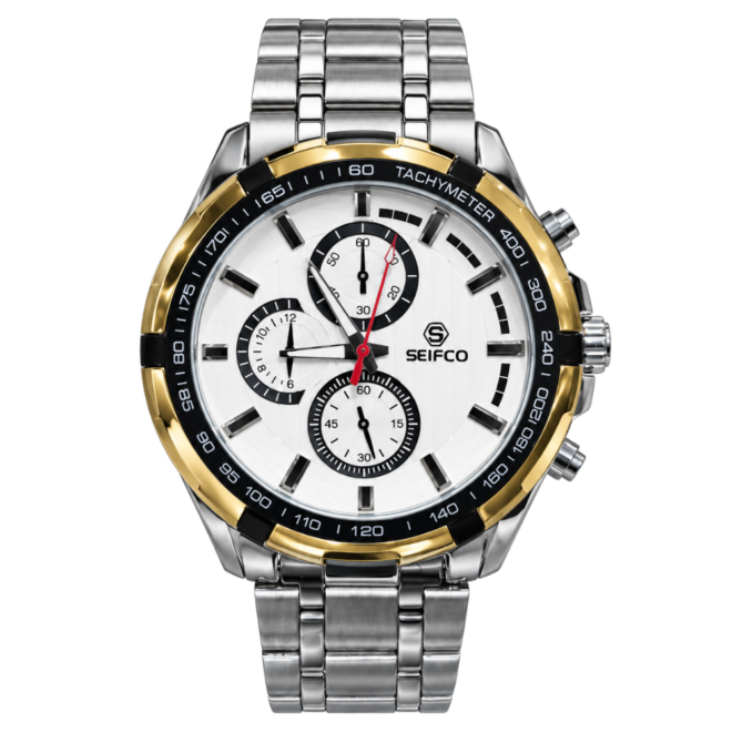 SEIFCO Classic Men’s Stainless Steel Quartz Watch with White Dial, Black Tachymeter Bezel and Silver Bracelet