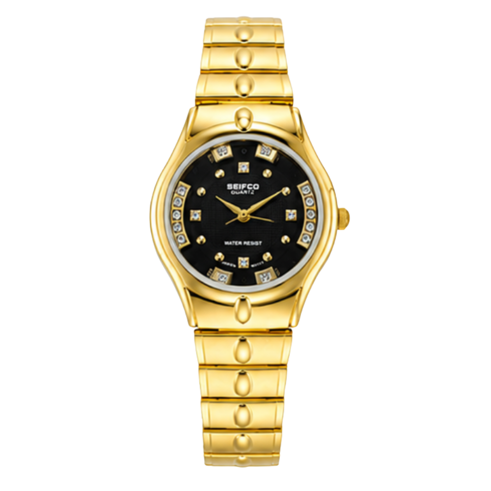 SEIFCO Classic Women’s Stainless Steel Quartz Watch with Black Dial and Gold Bracelet