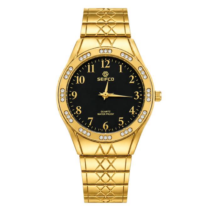 SEIFCO Classic Women’s Stainless Steel Quartz Watch with Black Dial and Gold Bracelet