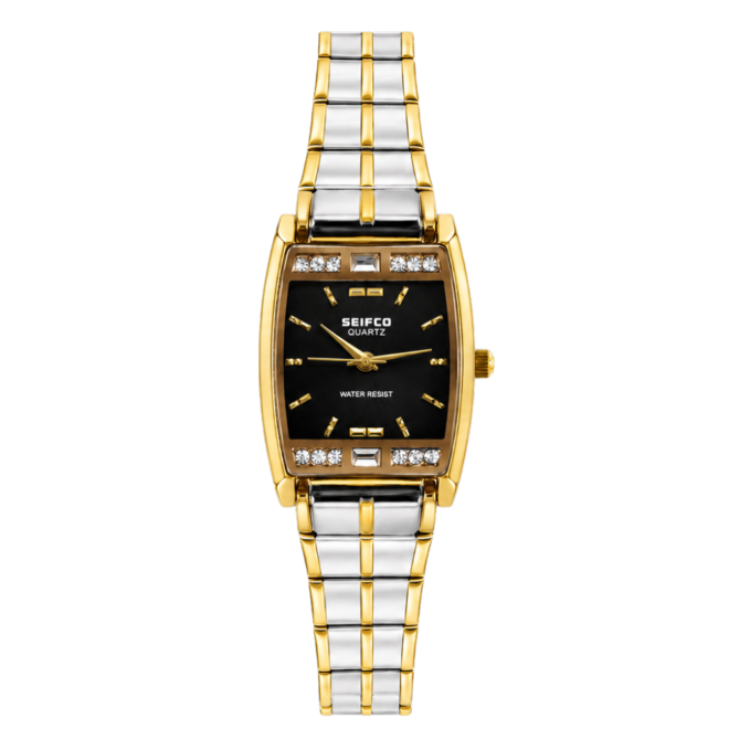 SEIFCO Classic Women’s Stainless Steel Quartz Watch with Black Dial and Silver Gold Bracelet