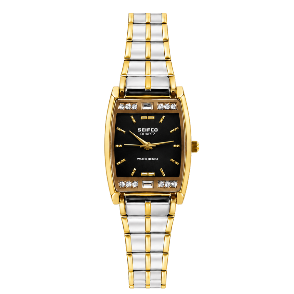 SEIFCO Classic Women’s Stainless Steel Quartz Watch with Black Dial and Silver Gold Bracelet