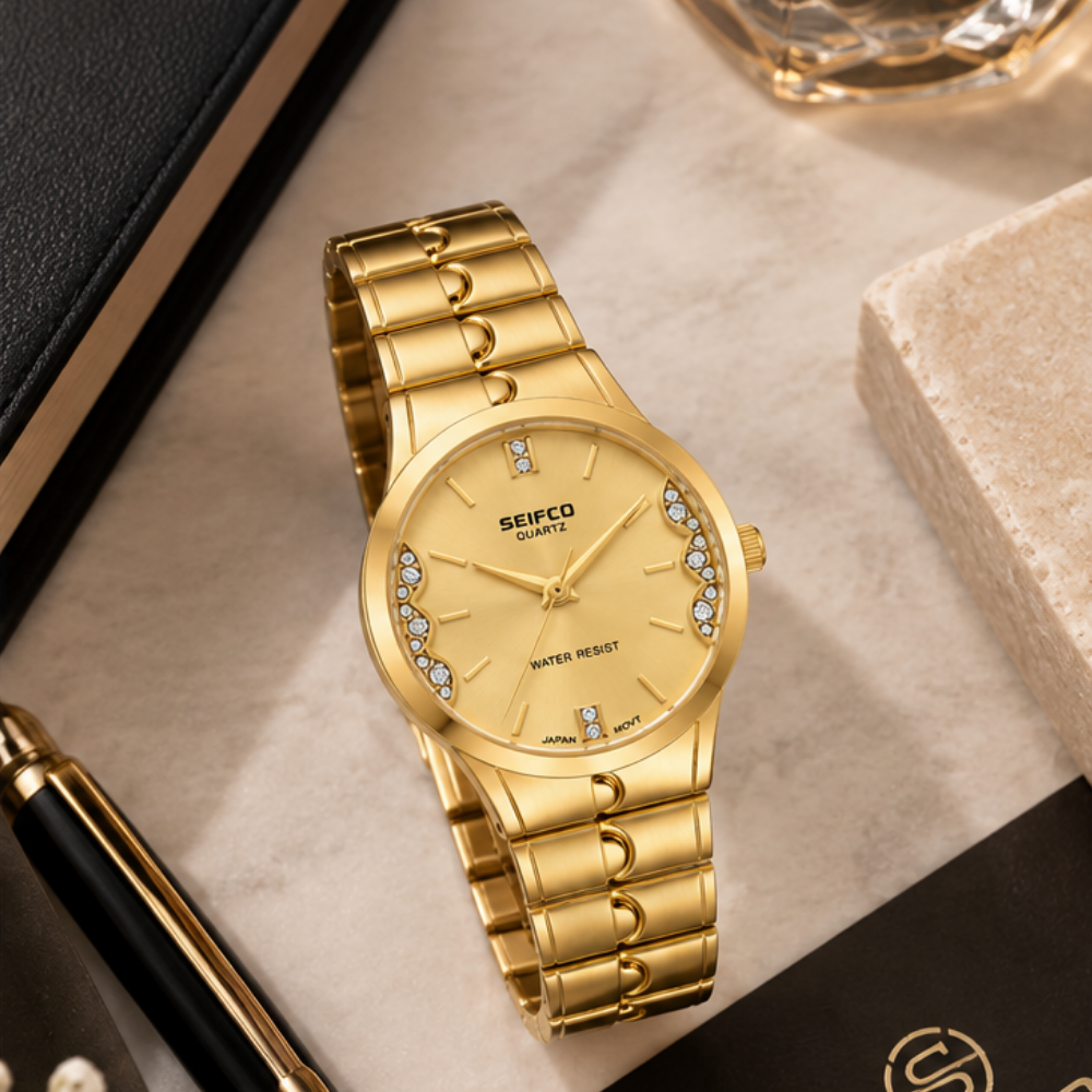 SEIFCO Classic Unisex Stainless Steel Quartz Watch with Gold Dial and Gold Bracelet - Image 3