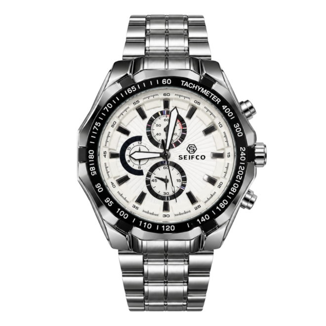 SEIFCO Classic Men’s Stainless Steel Quartz Watch with White Dial, Black Tachymeter Bezel and Silver Bracelet