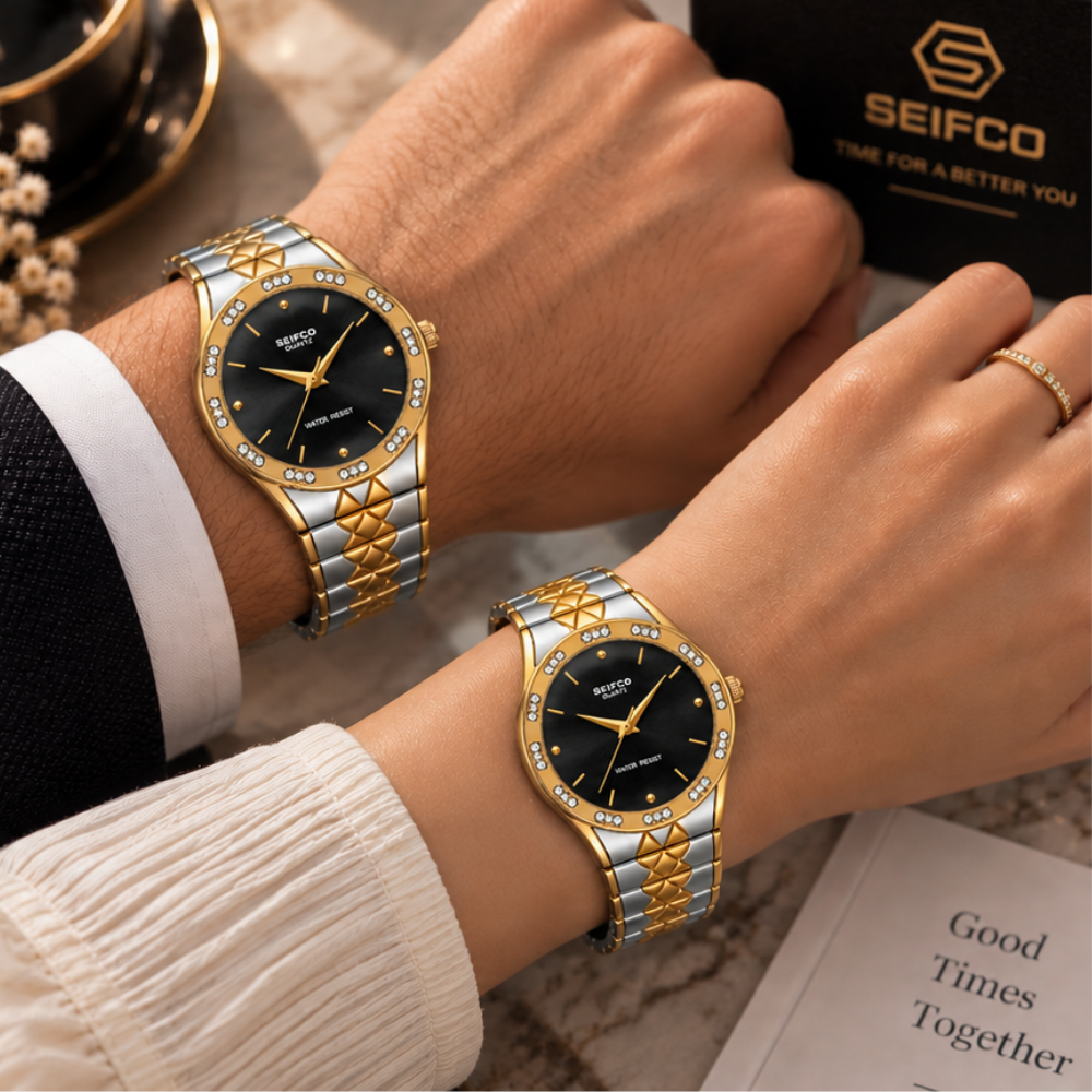 SEIFCO Classic Unisex Stainless Steel Watch with Black Dial and Silver Gold Bracelet - الصورة 2