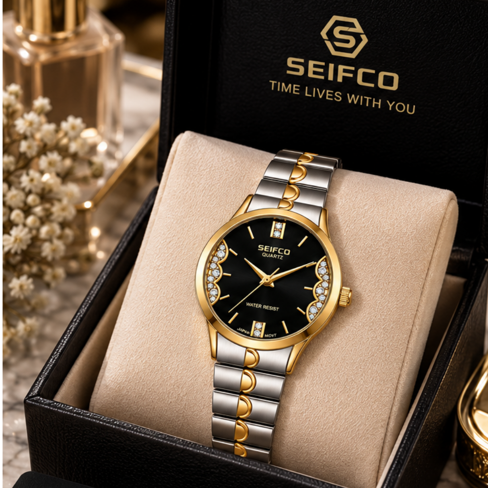 SEIFCO Classic Women’s Stainless Steel Quartz Watch with Black Dial and Silver Gold Bracelet - الصورة 2