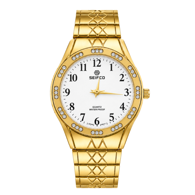 SEIFCO Classic Women’s Stainless Steel Quartz Watch with White Dial and Gold Bracelet