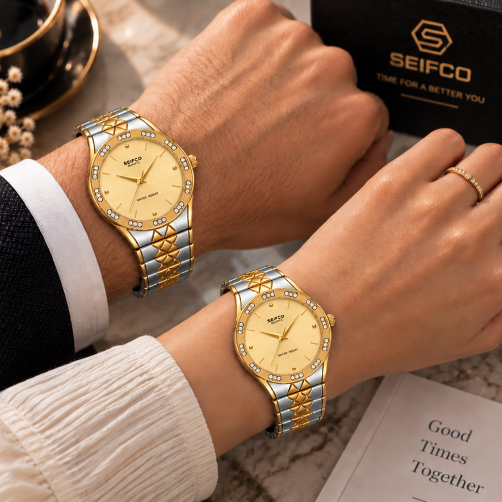 SEIFCO Classic Unisex Stainless Steel Watch with Gold Dial and Silver Gold Bracelet - Image 2