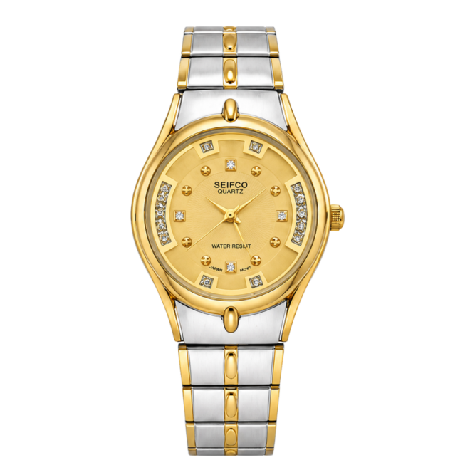 SEIFCO Classic Women’s Stainless Steel Quartz Watch with Gold Dial and Silver Gold Bracelet