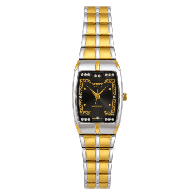 SEIFCO Classic Women’s Stainless Steel Quartz Watch with Black Dial and Silver Gold Bracelet