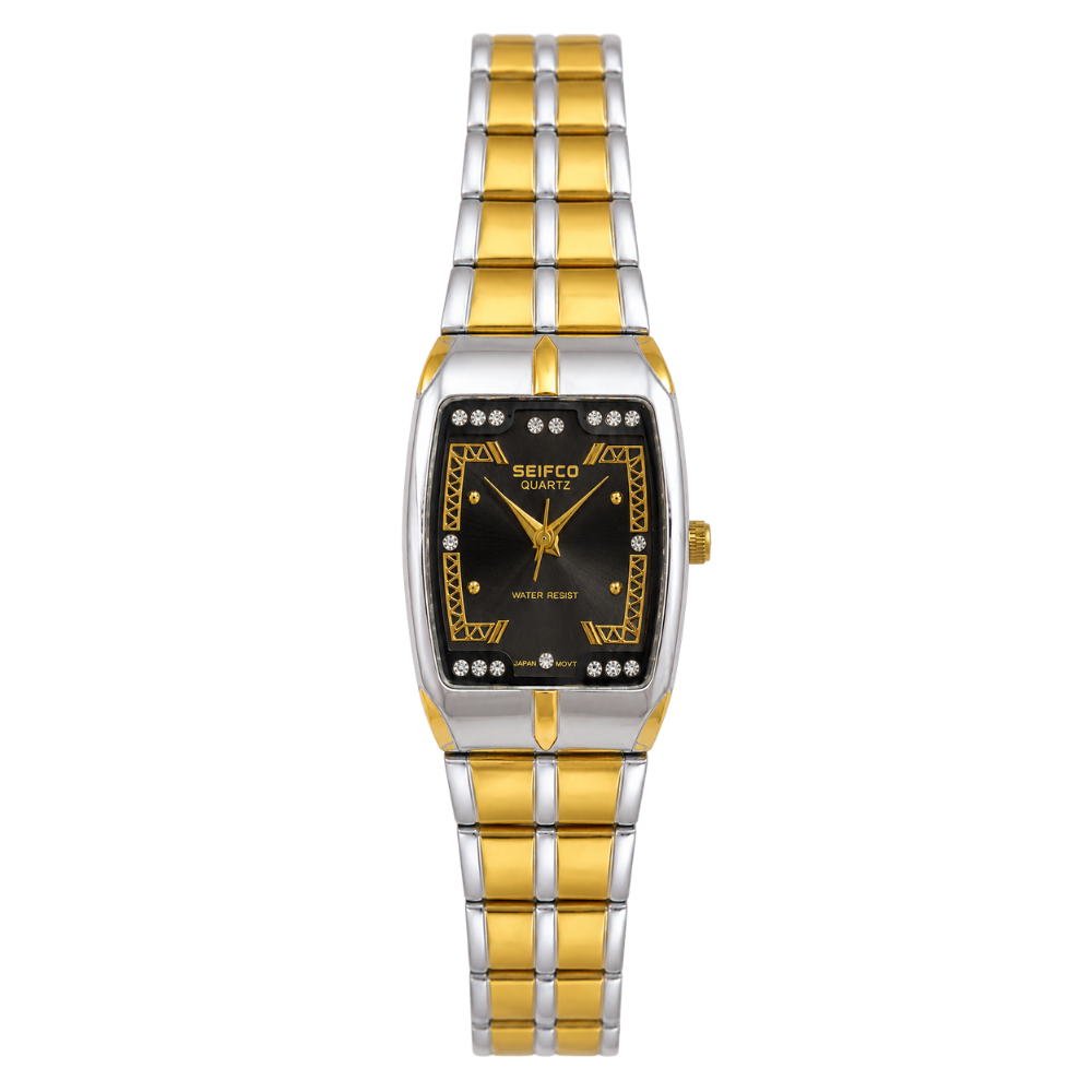 SEIFCO Classic Women’s Stainless Steel Quartz Watch with Black Dial and Silver Gold Bracelet
