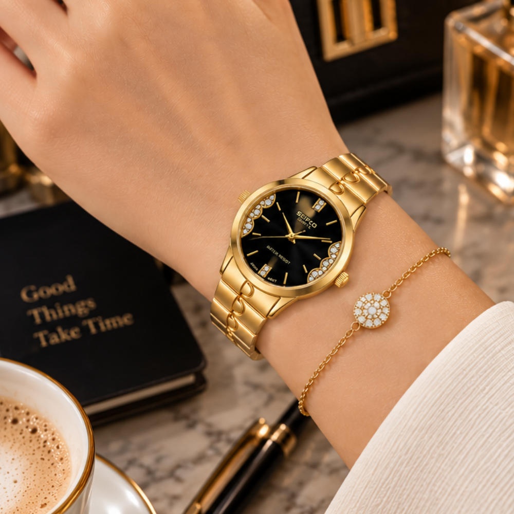 SEIFCO Classic Women’s Stainless Steel Quartz Watch with Black Dial and Gold Bracelet - Image 2