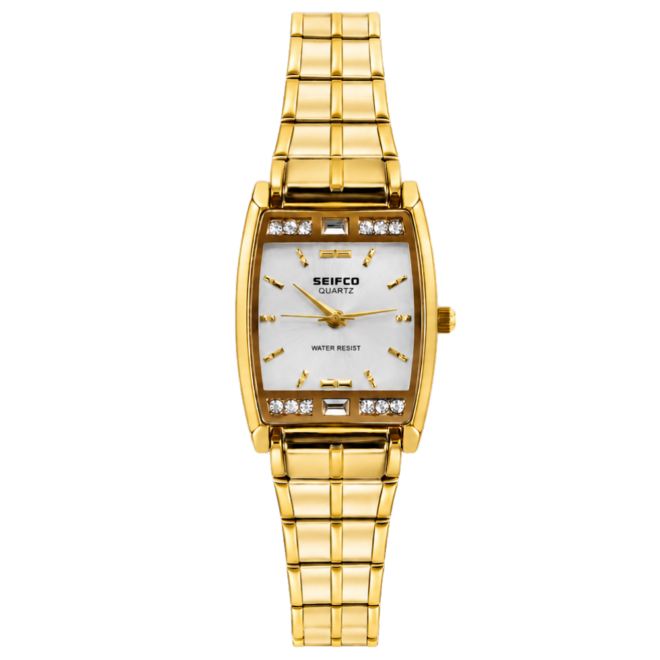 SEIFCO Slim Women’s Stainless Steel Watch with White Dial and Gold Bracelet