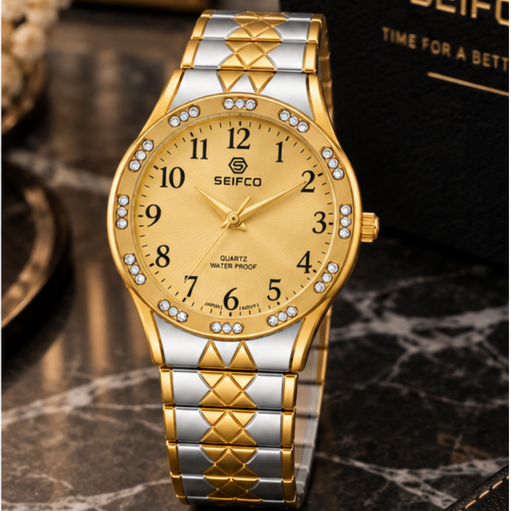 SEIFCO Classic Unisex Stainless Steel Quartz Watch with Gold Dial and Silver Bracelet - الصورة 2