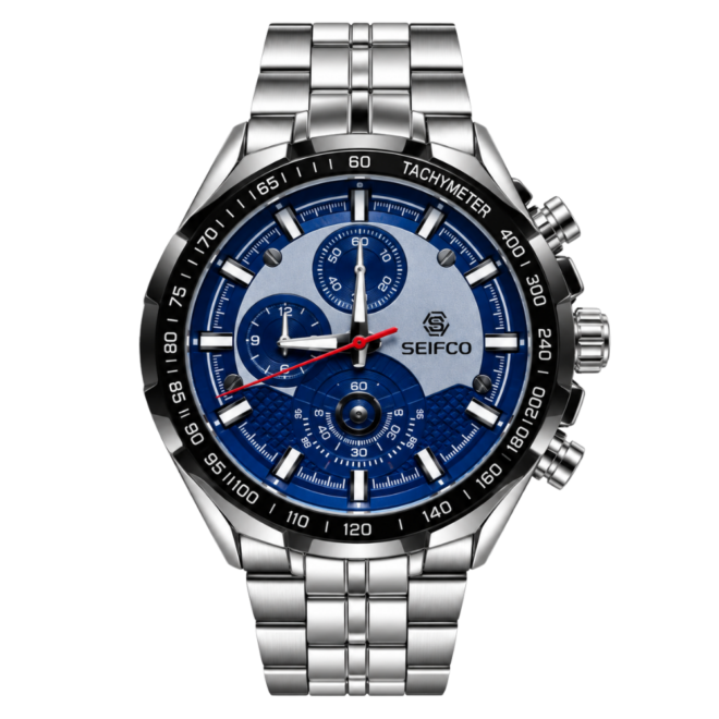 SEIFCO Classic Men’s Stainless Steel Quartz Watch with Blue and White Dial, Blue Tachymeter Bezel and Silver Bracelet