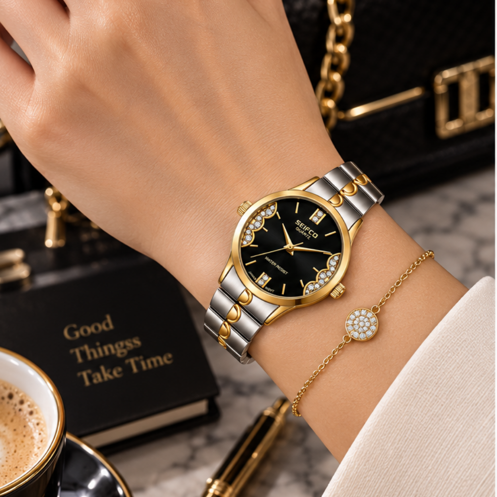 SEIFCO Classic Women’s Stainless Steel Quartz Watch with Black Dial and Silver Gold Bracelet - الصورة 3