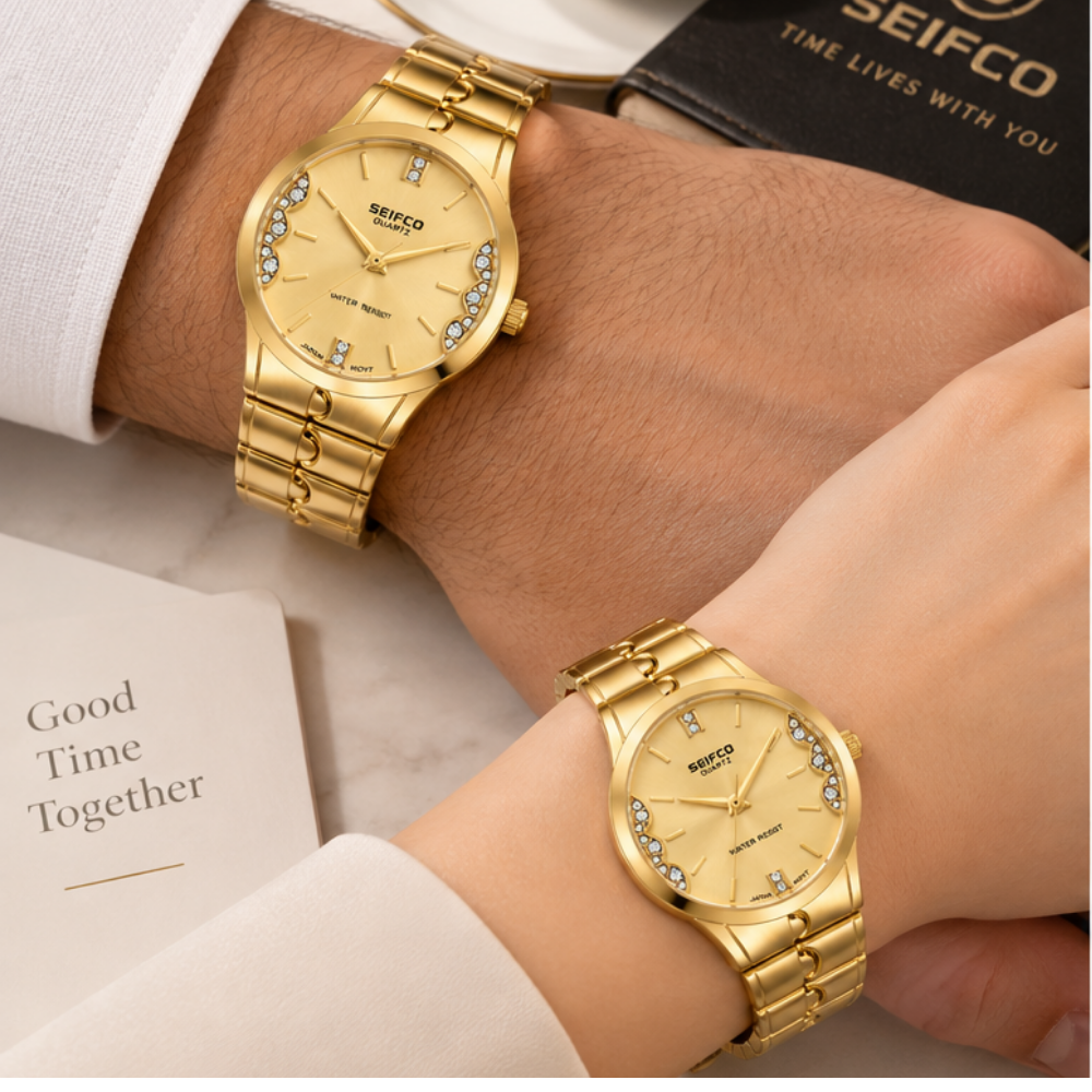 SEIFCO Classic Unisex Stainless Steel Quartz Watch with Gold Dial and Gold Bracelet - Image 2