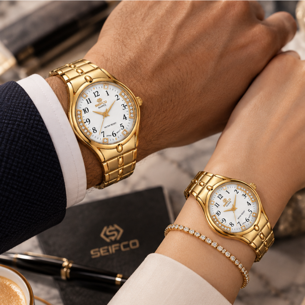 SEIFCO Classic Unisex Stainless Steel Quartz Watch with White Dial and Gold Bracelet - الصورة 3