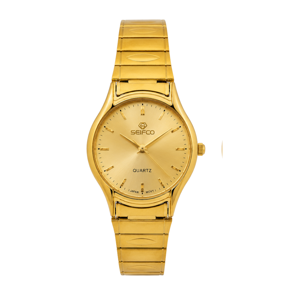 Seifco unisex Quartz Watch, Gold Dial, Gold Stainless Steel Bracelet