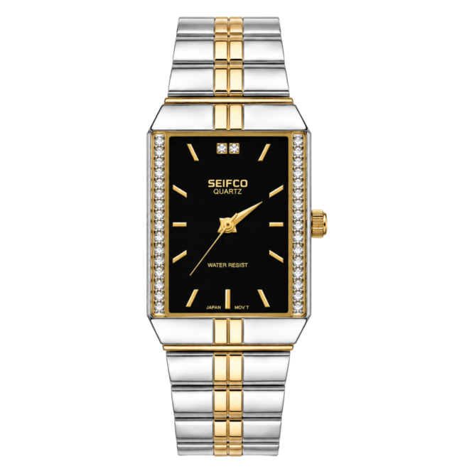 SEIFCO Classic Unisex Stainless Steel Quartz Watch with Black Dial and Two-Tone Bracelet
